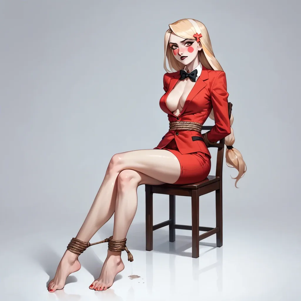 1girl, solo, Charlie Morningstar \(Hazbin Hotel\), ((front view)), pale skin, long red pants, red suit, barefoot, perfect feet, sitting on chair, tied to chair, rope bondage, arms behind the back, legs rope bound, tape gagged, shocked, raised eyebrow