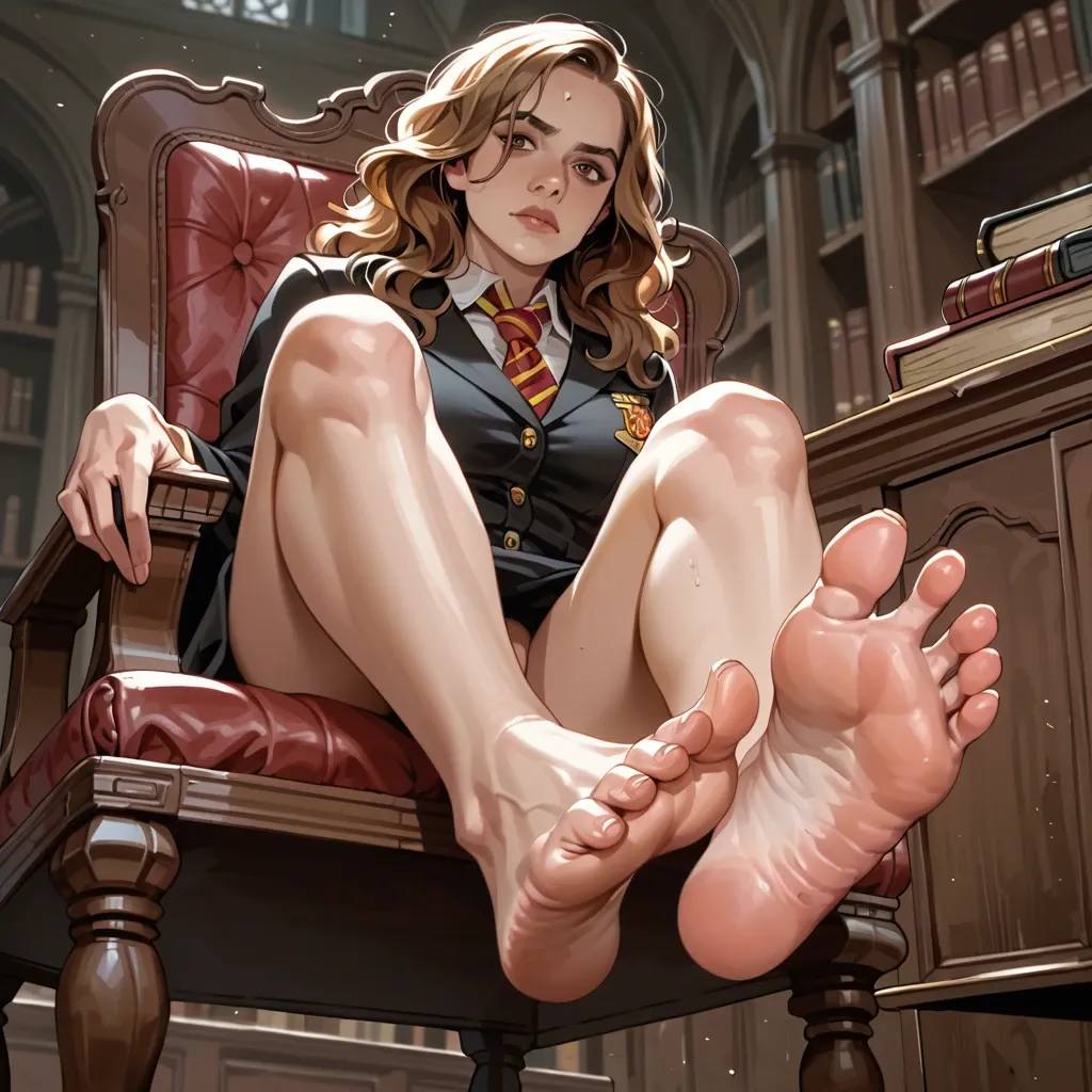 1girl, solo, Hermione Granger \(Harry Potter\), brown eyes, hogwarts uniform, barefoot, sitting on chair, soles focus, looking at viewer, arrogant, ((from below))