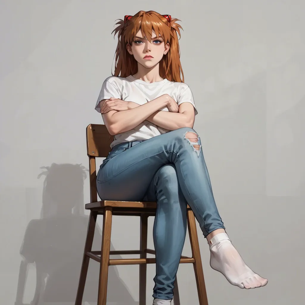 1girl, solo, Asuka Langley \(Evangelion\), t-shirt, jeans, no shoes, tight socks, sitting on chair, crossed legs, crossed arms, looking at viewer, arrogant, audacious, ((straight-on))