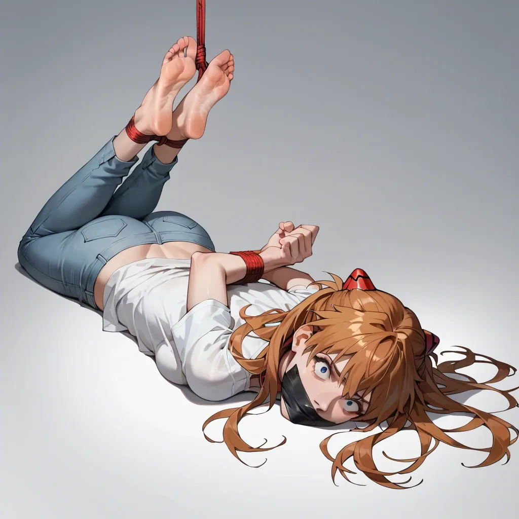 1girl, solo, Asuka Langley \(Evangelion\), white t-shirt, jeans, barefoot, laying on stomach, rope bondage, hogtied, hands behind the back, tape gagged, looking at viewer, feet focus, shocked, scared, ((face view))