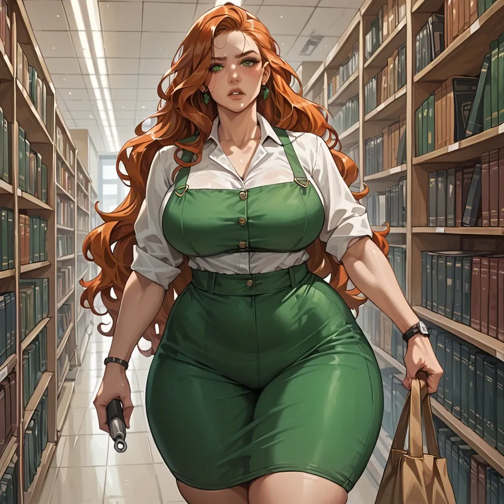 Massive ass, huge thick thighs, wide hips, love handles, thick, curvy, very long wavy ginger hair, green eyes, knee length dark green floral frock, library, working