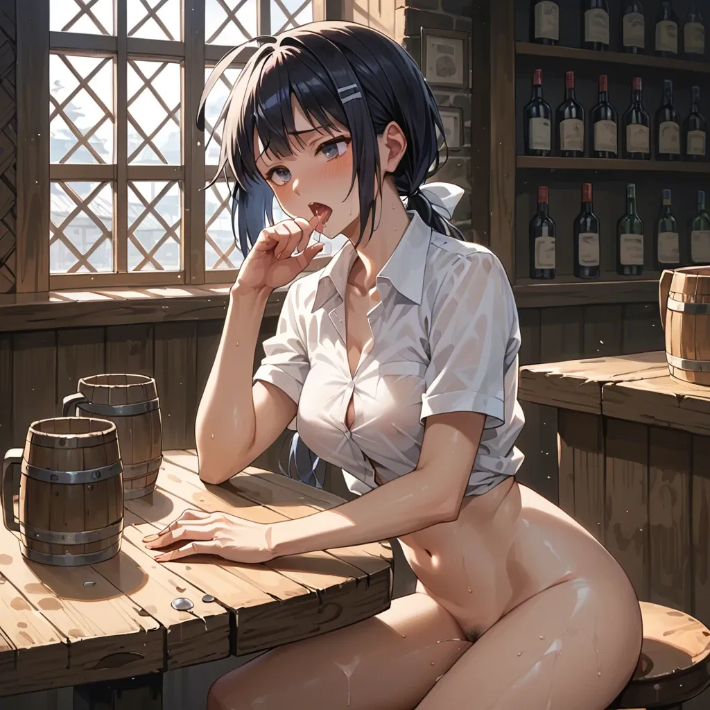 1girl, masturbating, boobs, bar background, tavern setting, hinata