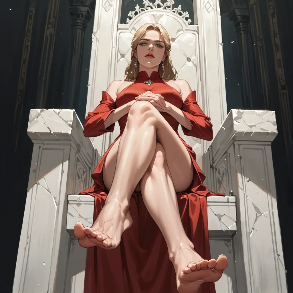 1girl, solo, Cersei Lannister \(Game of Thrones\), green eyes, red dress, barefoot, sitting on throne, arms crossed, legs crossed, soles focus, looking at viewer, ((from below))