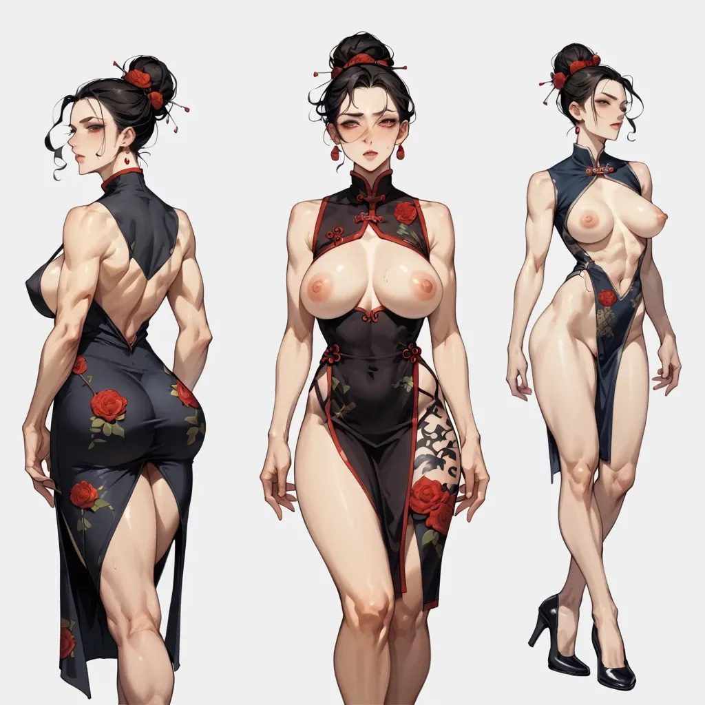 Imperator, Lace slutty vulgar black qipao, wide neckline, sticking out big athletic bubble ass, shaved pussy, bares breasts with hands, pitite perky round tits, multiple views, show nipple, seductive face, big burgundy closed lips, hair braid, ass spreading by hand