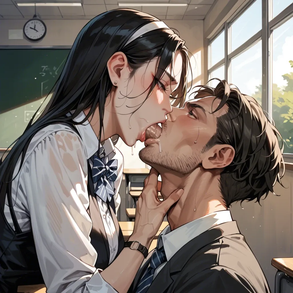 2girl, 2boy, classroom, deep throat