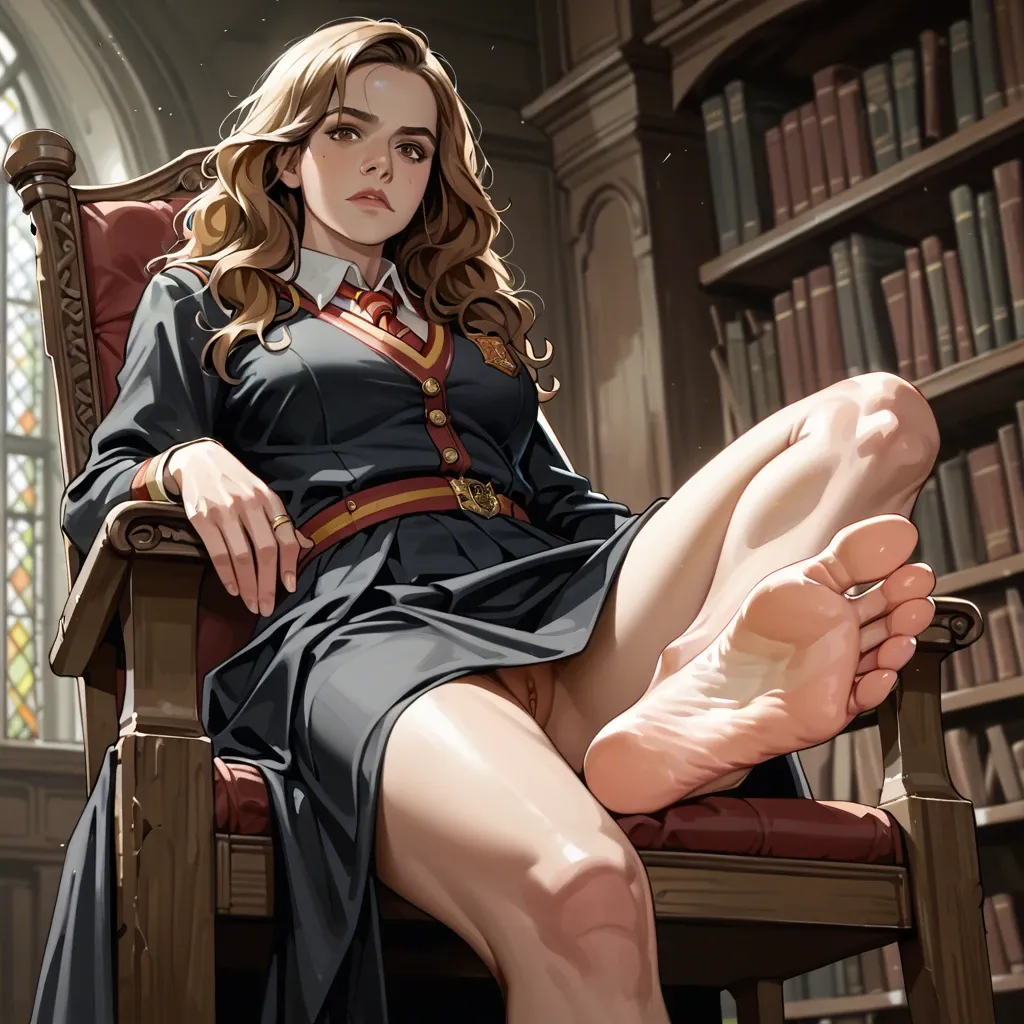 1girl, solo, Hermione Granger \(Harry Potter\), brown eyes, hogwarts uniform, long skirt, barefoot, sitting on chair, soles focus, looking at viewer, arrogant, ((from below))