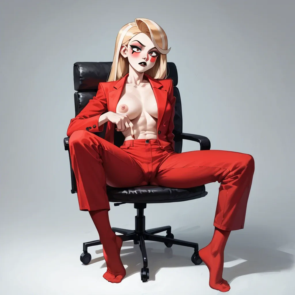 1girl, solo, Charlie Morningstar \(Hazbin Hotel\), pale skin, red pants, red suit, single sock, only one sock foot is bare, sitting on chair, ((Straight-on))