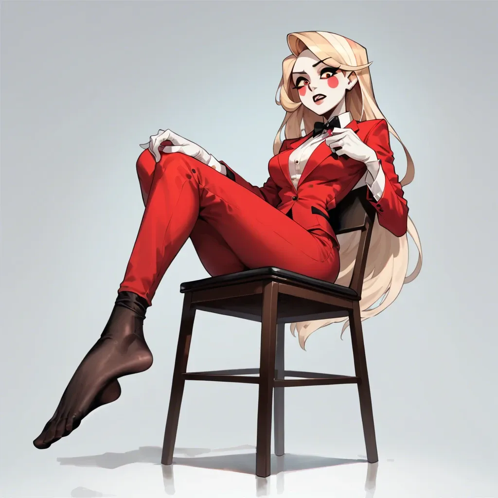 1girl, solo, Charlie Morningstar \(Hazbin Hotel\), pale skin, red pants, red suit, no shoes, single sock, single bare foot, sitting on chair, ((Straight-on))