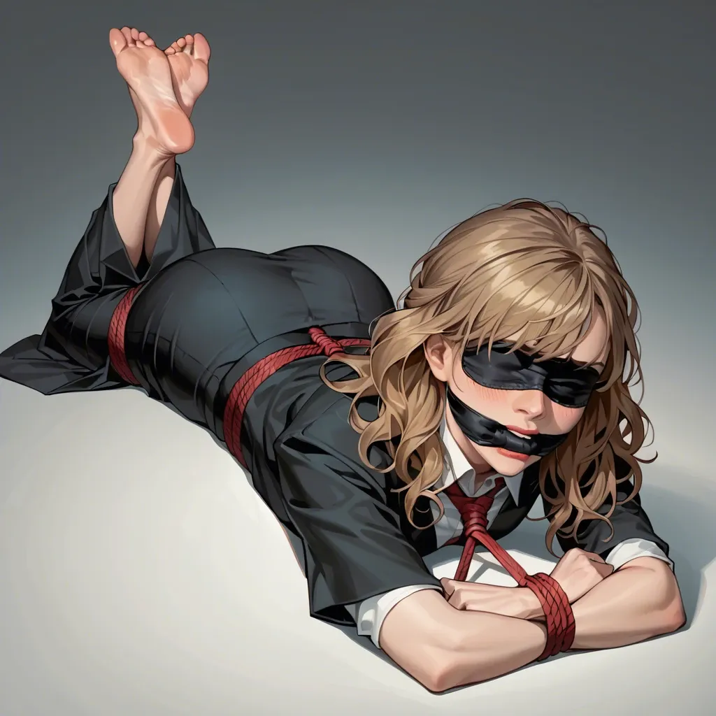 1girl, solo, Hermione Granger \(Harry Potter\), blindfolded, black suit, long skirt, barefoot, laying on stomach, rope bondage, hogtied, hands behind back, wrap gag, looking at viewer, shocked, feet focus, ((face view))