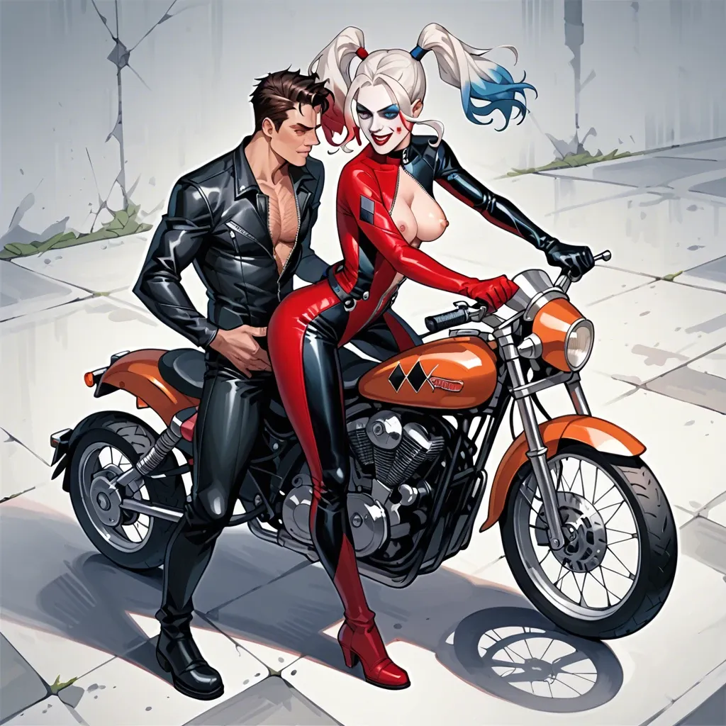 mirajane strauss, black full body unzipped Catsuit  , exposed belly, large long harley davidson, sexy, anime cute style, straight white hair, backward on harley davidson, standing flipped,  sex,  looking from above view on motorcycle, exposed unzipped skin from neck to pussy, girl sex, 2girls, cute sexy