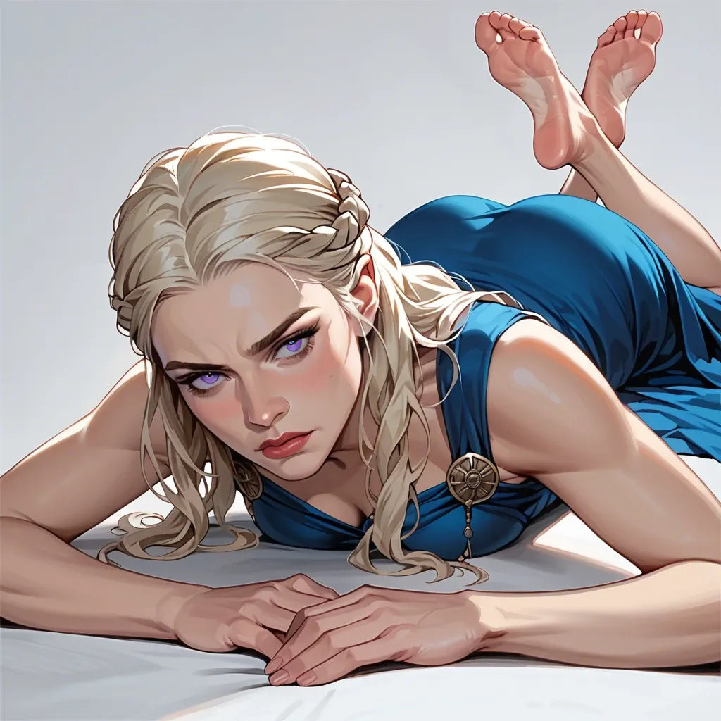 1girl, solo, Daenerys Targaryen \(Game of Thrones\), purple eyes, blue dress, barefoot, laying on stomach, feet up, arrogant