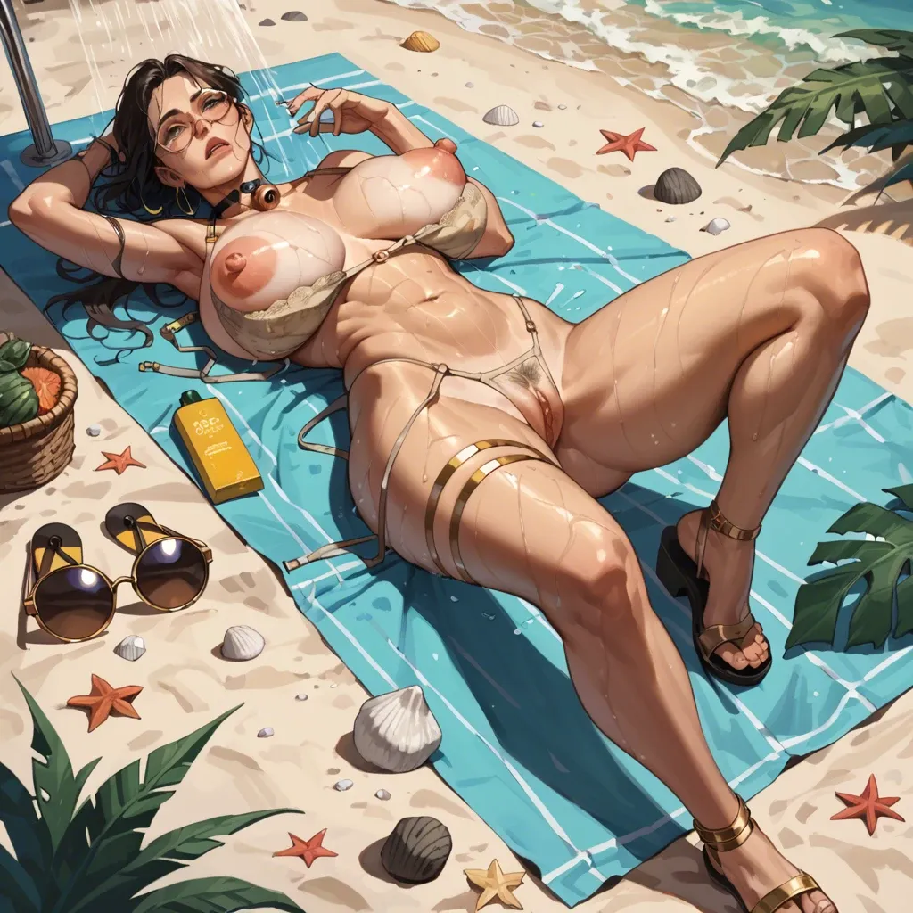 2girl, , , , watching,fingernails,huge nipples,on her back,neck bell, half dressed,gold anklets,round glasses,beige bra,strappy sandals, showering, lying on beach, cyberpunk, cartoon, dark roots, lara croft, spider-gwen, rei ayanami