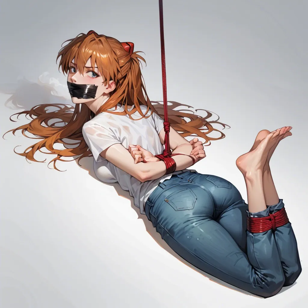 1girl, solo, Asuka Langley \(Evangelion\), white t-shirt, jeans, barefoot, laying on stomach, rope bondage, arching body, hogtied, arching, hands behind the back, tape gagged, hair tied, looking at viewer, feet focus, shocked, scared, ((face view))