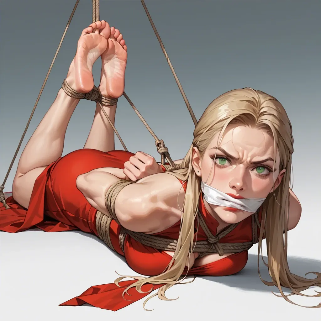 1girl, solo, Cersei Lannister \(Game of Thrones\), green eyes, red dress, barefoot, laying on stomach, rope bondage, hogtied, arms behind back, cloth gagged, looking at viewer, angry, feet focus