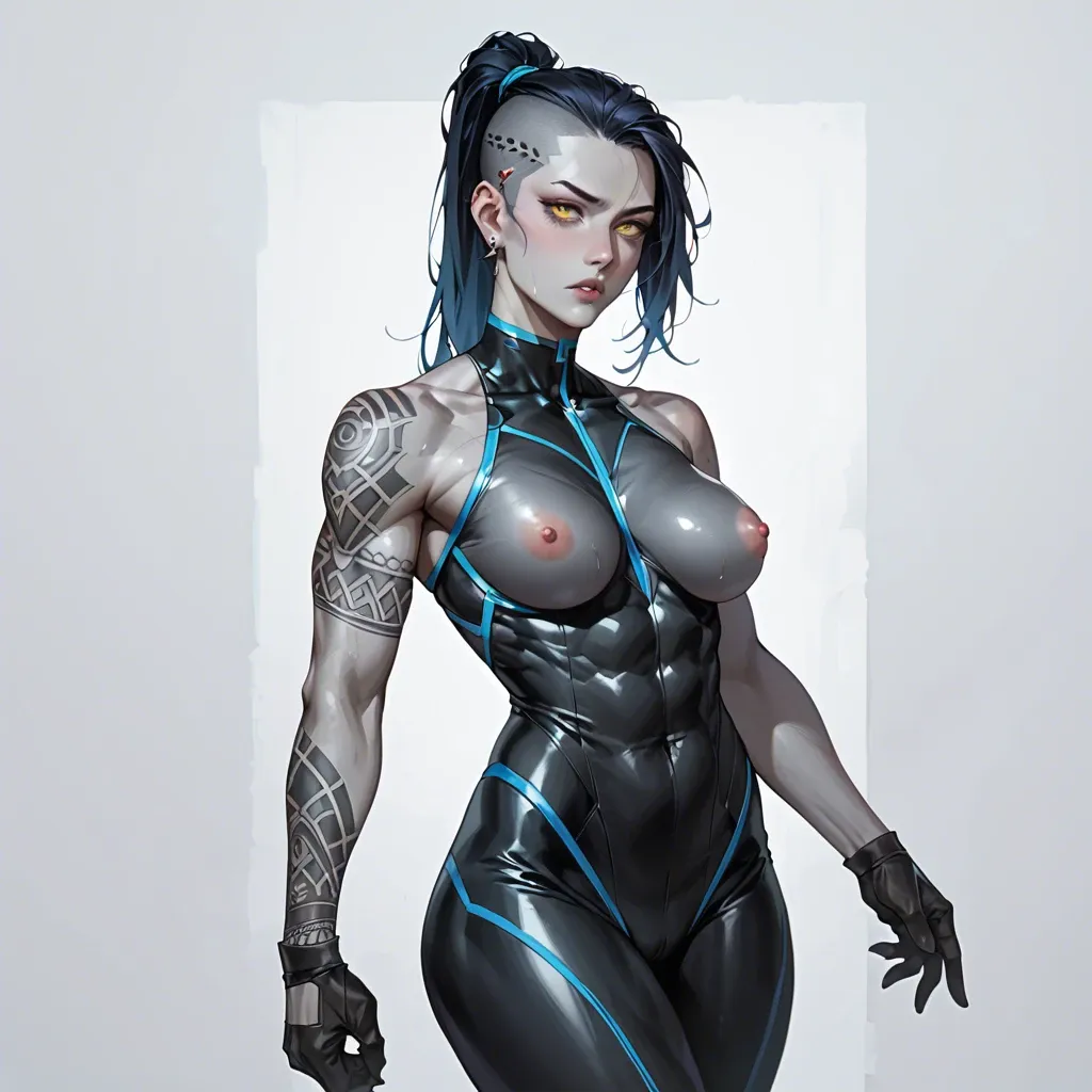 athletic girl, grey skin, black body suit, tattoos in the form of lines, head is shaved on the sides, azure disheveled ponytail, yellow eyes, big hips