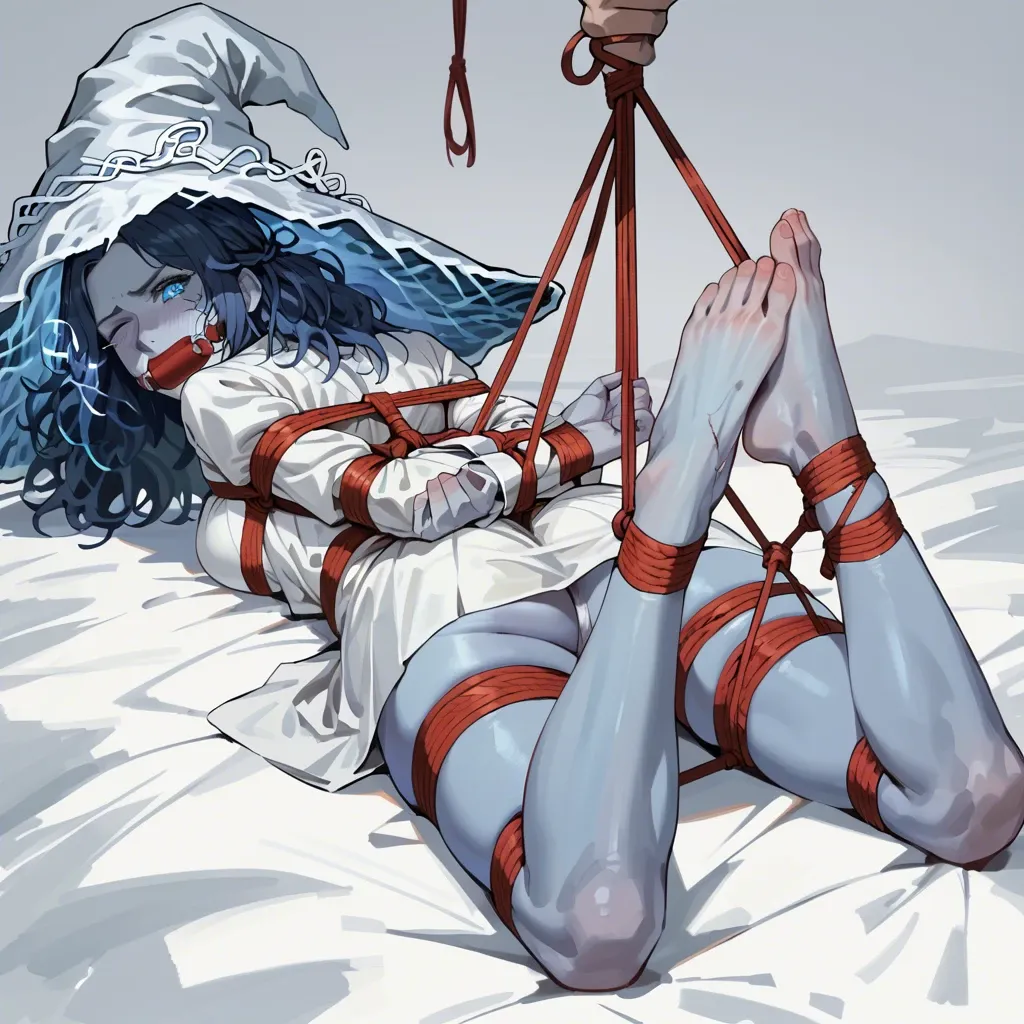 1girl, solo, Ranni the Witch \(Elden Ring\), blue skin, pony tail, full clothes, no shoes, laying on stomach, rope bondage, hogtie, hands behind the back, wrap gagged, feet focus, angry, ((face view))