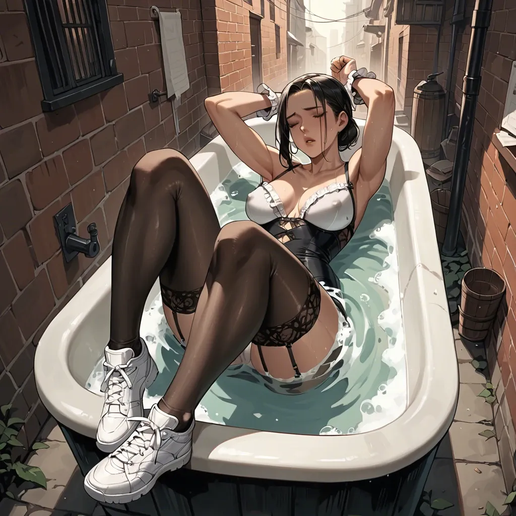 2girl, , , , eyes up,wrists bound,sucking nipple,tight abs,ankles, office dress,black leggings,frilled gloves,lingerie,white sneakers, bathtub, dark alley, tavern, robot body, anime artwork, dark theme, tifa lockhart, wonder woman