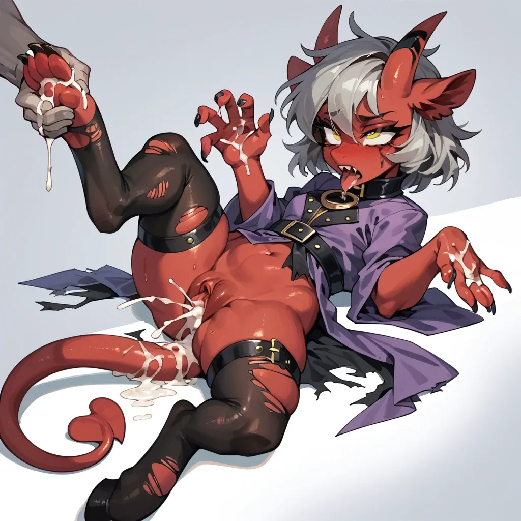 Demon, one horn broken, red skin, leather stockings torn at the end, completely yellow eye, gray hair, one pony tail, juicy pussy, cum on hands, ahegao, Purple robe with gold edging