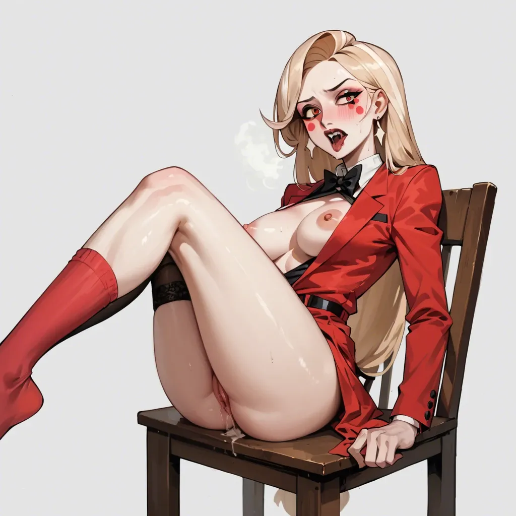 1girl, solo, Charlie Morningstar \(Hazbin Hotel\), pale skin, red pants, red suit, single sock, only one sock, sitting on chair, ((Straight-on))