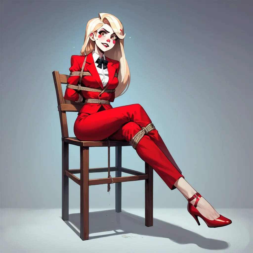 1girl, solo, Charlie Morningstar \(Hazbin Hotel\), ((front view)), pale skin, long red pants, red suit, sitting on chair, tied to chair, rope bondage, arms behind the back, legs rope bound, ankles rope bounf, tape gagged, barefoot, confused, raised eyebrow