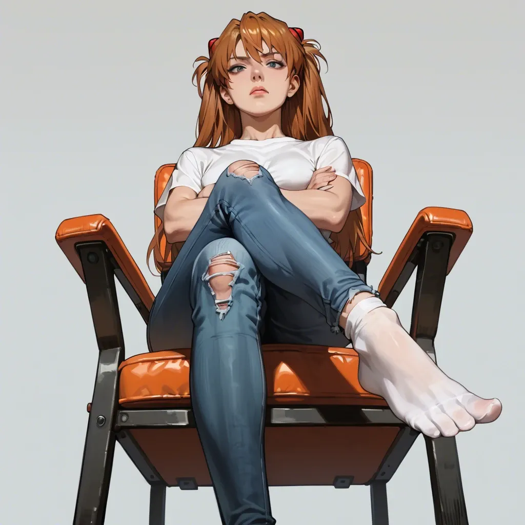 1girl, solo, Asuka Langley \(Evangelion\), t-shirt, jeans, no shoes, tight socks, sitting on chair, crossed legs, crossed arms, showing feet, looking at viewer, arrogant, audacious, ((from below))