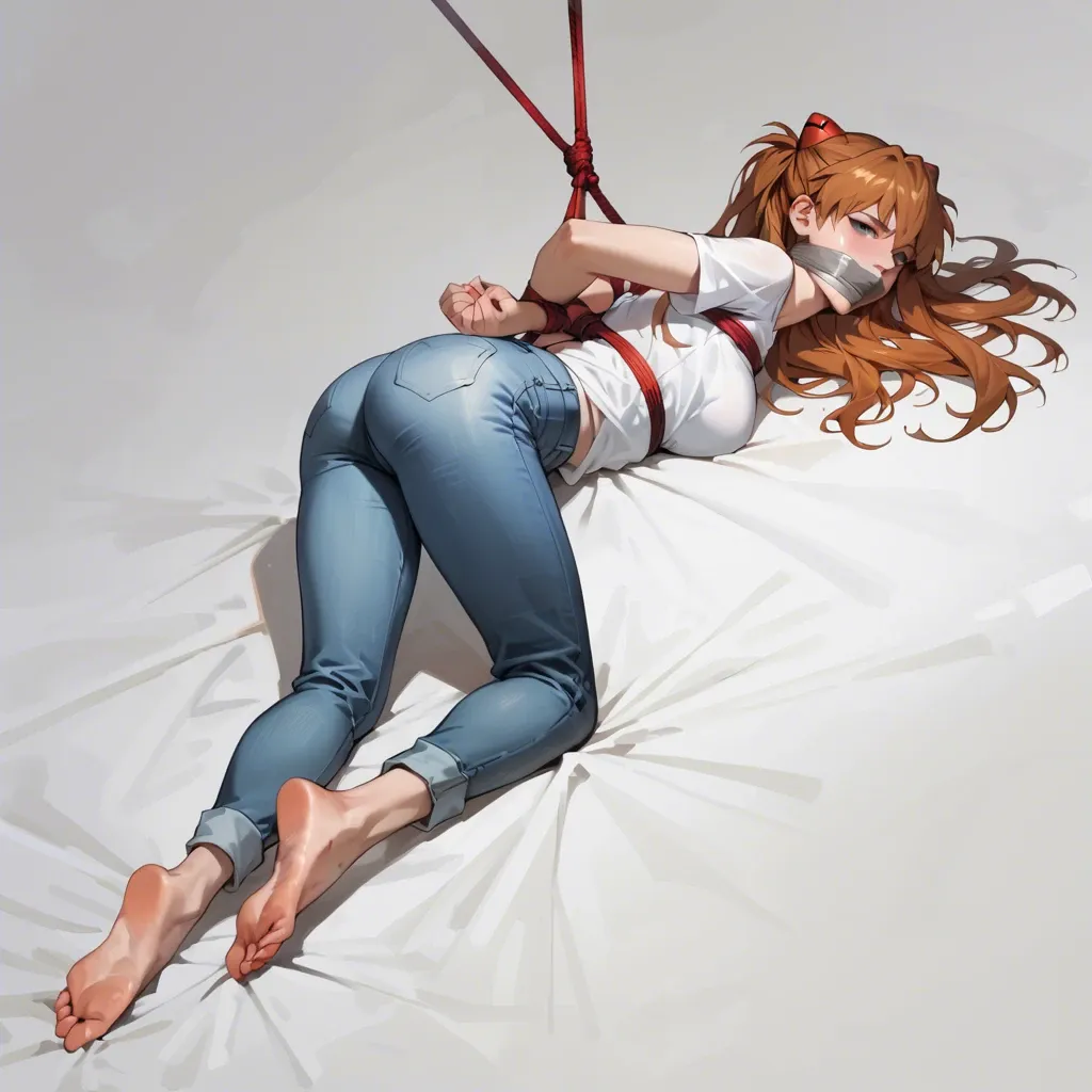 1girl, solo, Asuka Langley \(Evangelion\), white t-shirt, jeans, barefoot, laying on stomach, rope bondage, arching body, hogtied, neck rope, choking, hands behind the back, tape gagged, looking at viewer, feet focus, shocked, scared, ((face view))