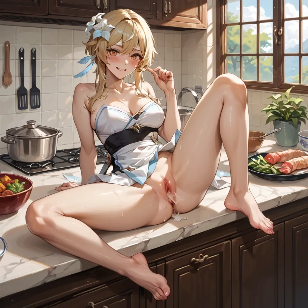 Lumine from genshin impact in her original outfit, spreaded in the kitchen's table, spreading her pussy, suggestive and happy face, kitchen