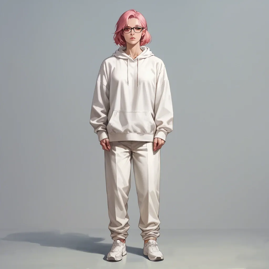 1 solo girl,,,, no background, no objects, full view, stand up, long pink hair, black glasses, white hoodie, sportive white pants, white sportive shoes, gentle look, soft skin, 20 years old, human, open blue eyes, facing camera