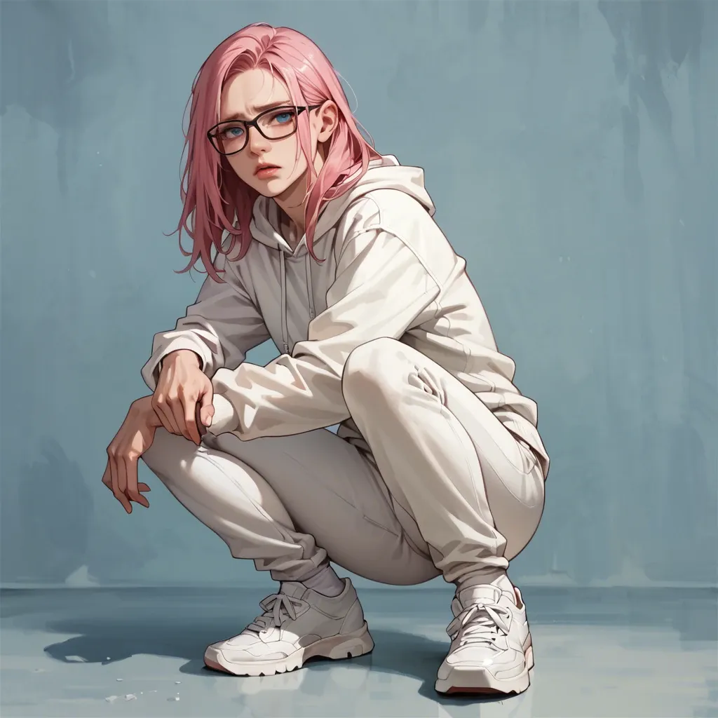 1 solo girl,,,, no background, no objects, full view, stand up, long pink hair, black glasses, white hoodie, sportive white pants, white sportive shoes, gentle look, soft skin, 20 years old, human, open blue eyes, facing camera, energetic look, open arms, tongue out