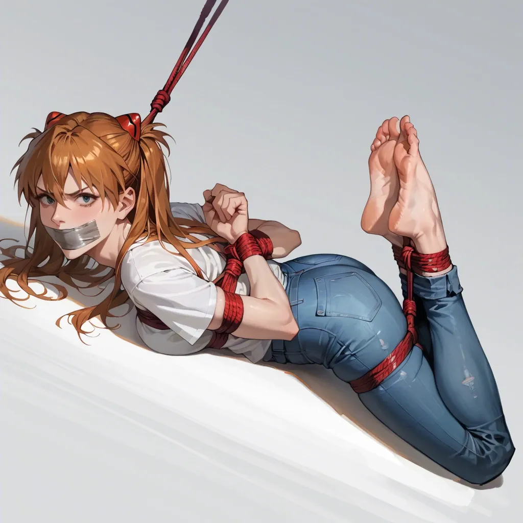 1girl, solo, Asuka Langley \(Evangelion\), white t-shirt, jeans, barefoot, laying on stomach, rope bondage, arching body, hogtied, hands behind the back, tape gagged, neck pulled, hair pulled, painful, looking at viewer, feet focus, shocked, scared, ((face view))