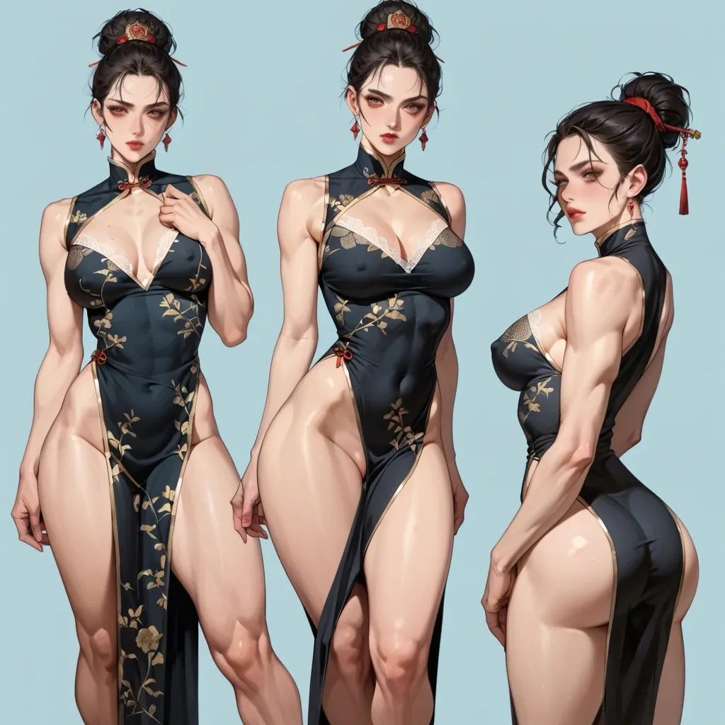 Lace slutty vulgar black qipao, wide neckline, sticking out big athletic bubble ass, shaved pussy, bares breasts with hands, pitite perky round tits, multiple views, show nipple, seductive face, big burgundy closed lips, hair braid, ass spreading by hand