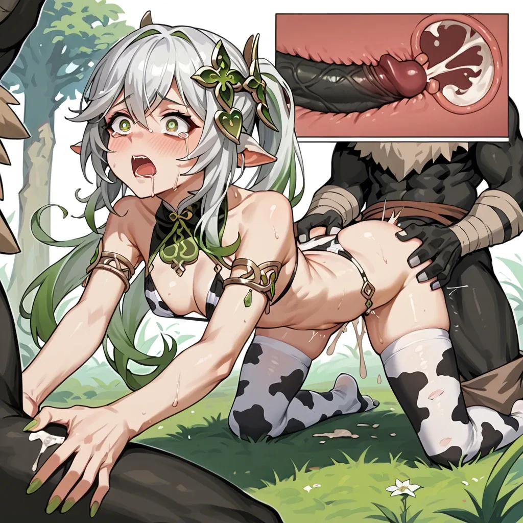 Nahida(genshin impact),very long fingernails,cow bikini,stockings,feet,deep thrusting,x-ray cum in uterus,comic,hilichurl,crazy worried expression,tears,detalied,sacrifice to enemy leader for mating