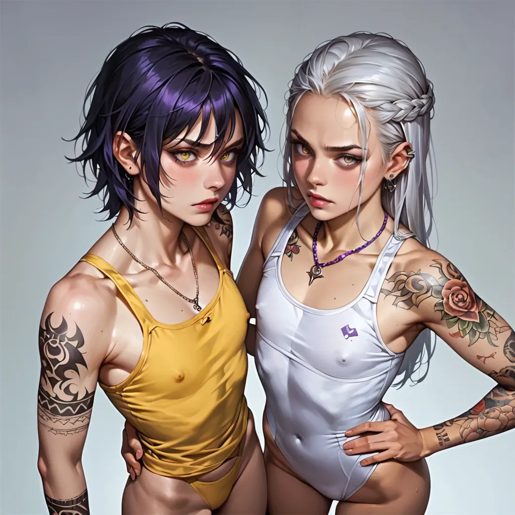 2girl, , , , fisheye view,wrists,flat chest,grabbing hips,shoulder tattoo, detailed irises,arms tattooed,round big tits,hip bones,shoulders, yellow tank top,purple necklace,blue bowtie,white leotard,armored boots, crop top,blue stockings,black belt,leotard,thigh boots, showering, piledriver pose, spaceship, edge of bed, princess zelda, rapunzel waifu