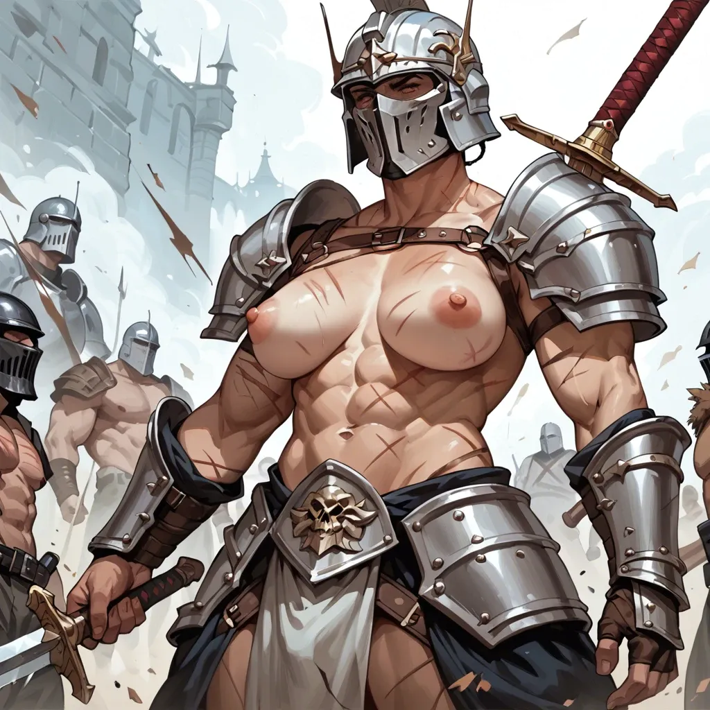 heavy armor, exposed breasts, extremely enormous boobs, big helmet, faceless, holding sword, in battlefield, exposed nipples, topless, defined abs, scars over body, scratch marks, big hard penis