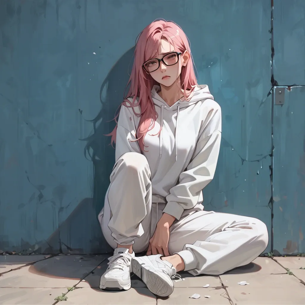 1 girl,,,, pink hair, long hair, light cyan mesh, black glasses, white hoodie, shy look, white sportive pants, white casual shoes, no background, no objects, stand up, still, tall,