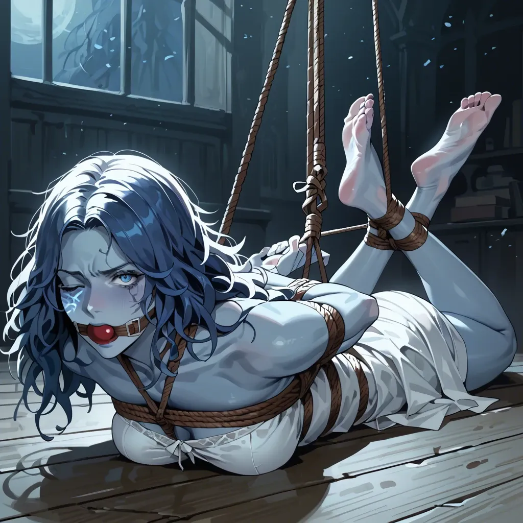 1girl, solo, Ranni the Witch \(Elden Ring\), blue skin, full clothes, no shoes, laying on stomach, rope bondage, hogtie, hands behind the back, wrap gagged, feet focus, angry, ((face view))