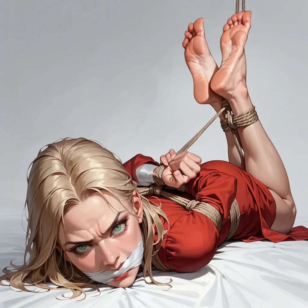 1girl, solo, Cersei Lannister \(Game of Thrones\), green eyes, red dress, barefoot, laying on stomach, feet up, rope bondage, hogtied, arms behind back, wrap gagged, looking at viewer, angry, feet focus