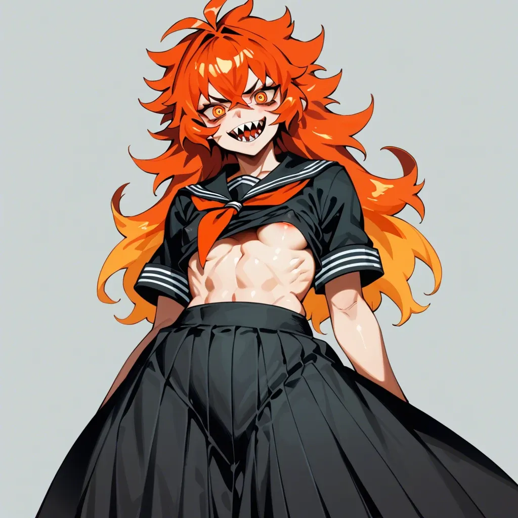 anime, thick outline, black serafuku, long skirt, underboob, smile, gradient hair, red spiky haircut, sharp teeth, sharp eyes, orange pupils,  puffy flat chest, huge erect nipples, big hips