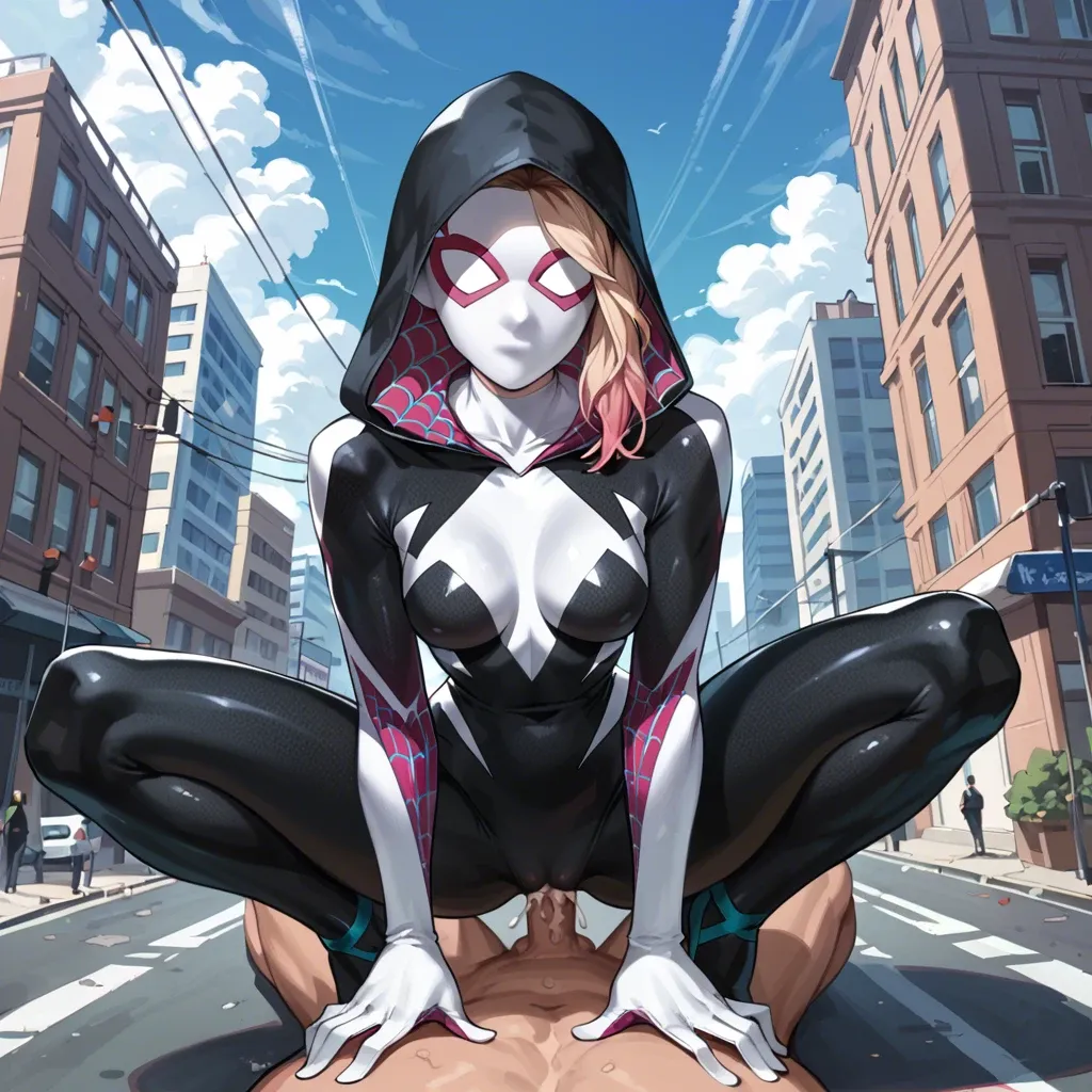 spider gwen, mask, medium breasts, thin waist, wide hips, pov, cumming, cowgirl position, black bodysuit, black hooded bodysuit, symbiote, gwenom, bald