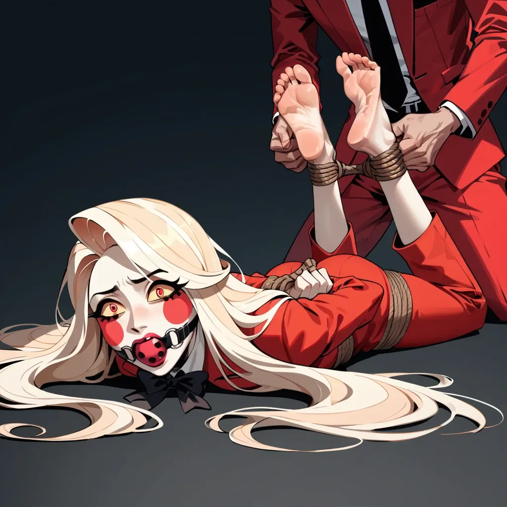 Charlie Morningstar \(Hazbin Hotel\), ((3/4 view)), laying on stomach, very white skin, pale skin, red suit, red trousers, black bow, barefoot, face focus, rope bondage, hogtied, ballgag, hands behind the back, shocked, scared