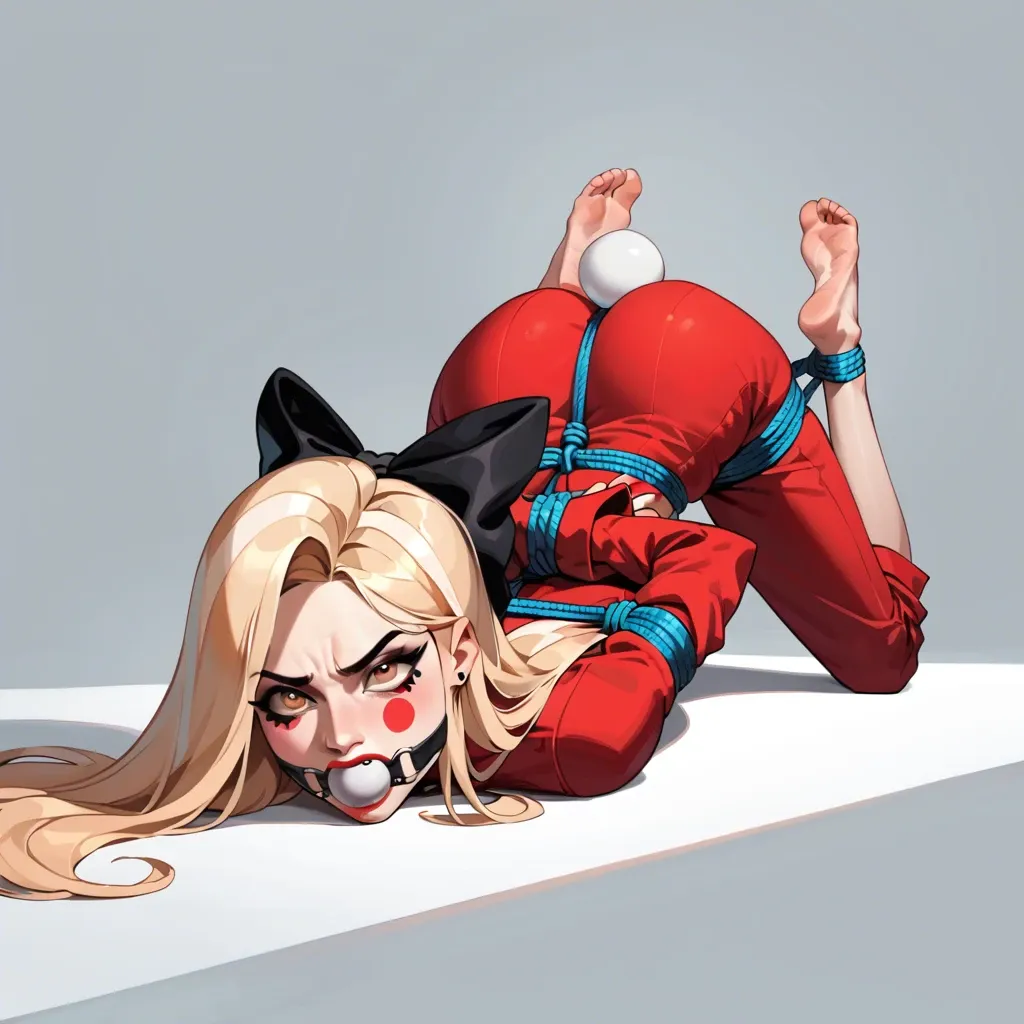 1girl, solo, , , , Charlie Morningstar \(Hazbin Hotel\), ((dutch angle)), red suit, red trousers, black bow, barefoot, face focus, rope bondage, white ball gag, hands behind the back, laying on stomach, shocked, scared