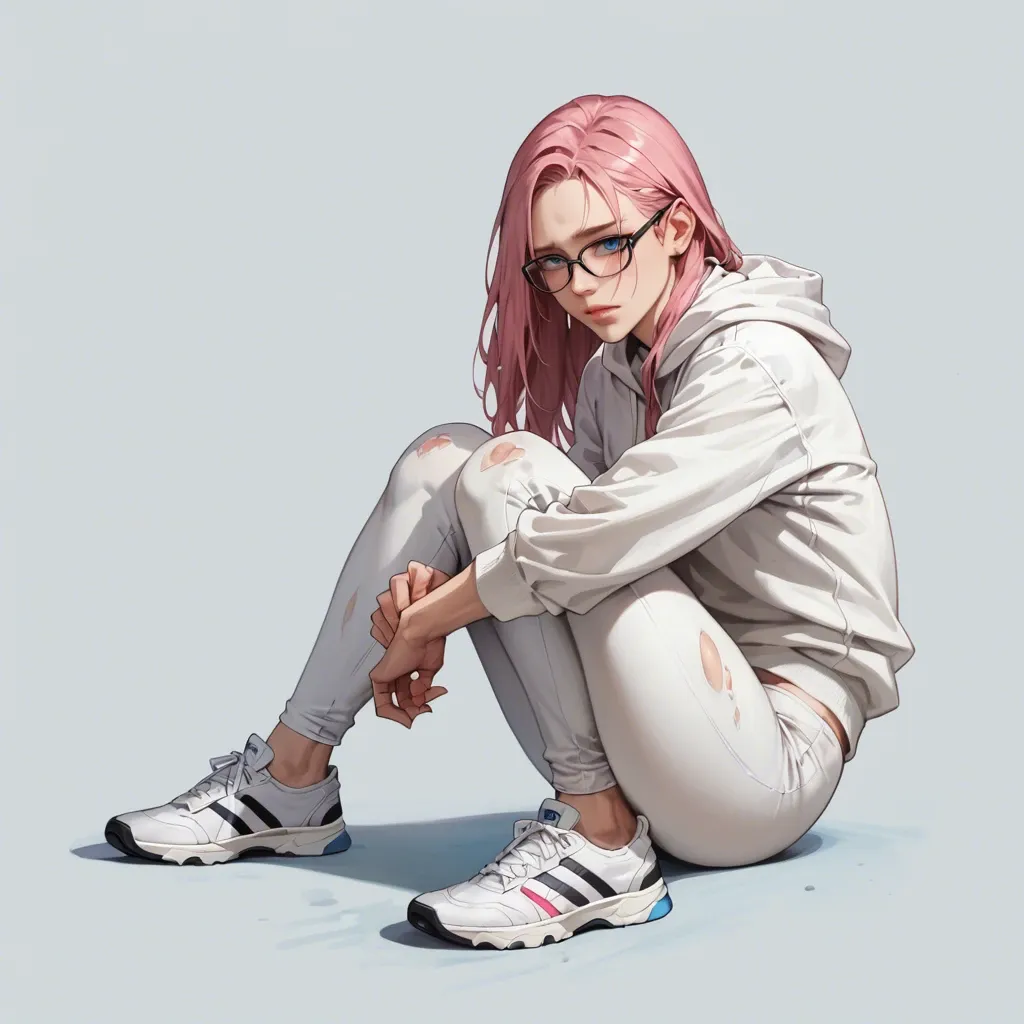 1 solo girl,,,, no background, no objects, full view, stand up, long pink hair, black glasses, white hoodie, sportive white pants, white sportive shoes, gentle look, soft skin, 20 years old, human, open blue eyes, facing camera, energetic look, very big pregnant belly, tongue out, patting her belly