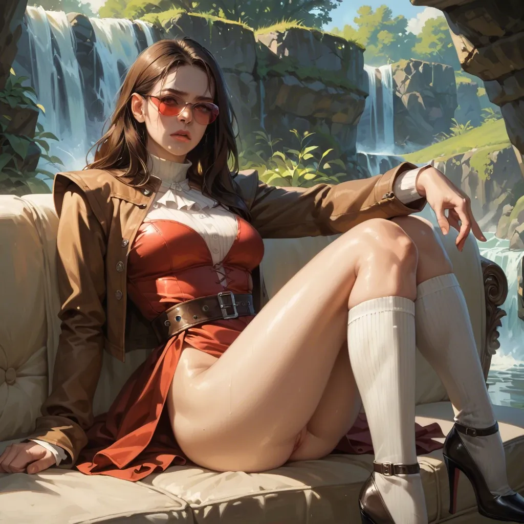 1girl,solo, , , , crossed eyes,gushing,big tits,backwards,skintight, brown jacket,knee socks,red sunglasses,no panties,heels, sit on a couch, waterfall, medieval dress, ultra realistic, bright sunlight, elsa