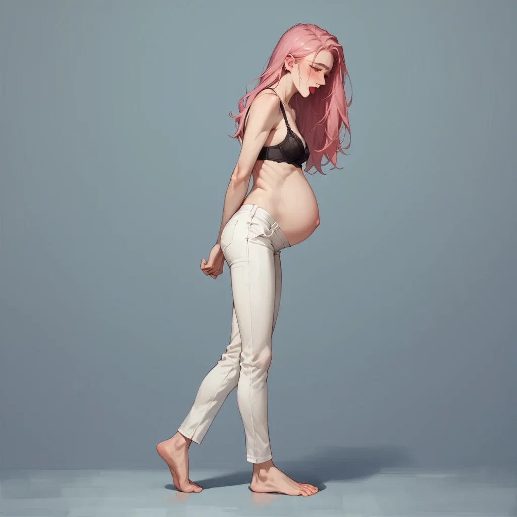 1 solo girl,,,, no background, no objects, full body view, standing up position, shy look, blush, pregnant belly, tongue out, skinny, long pink hair, black bra, sportive white pants, no shoes, gentle look, soft skin, 20 years old, human, open blue eyes, facing camera