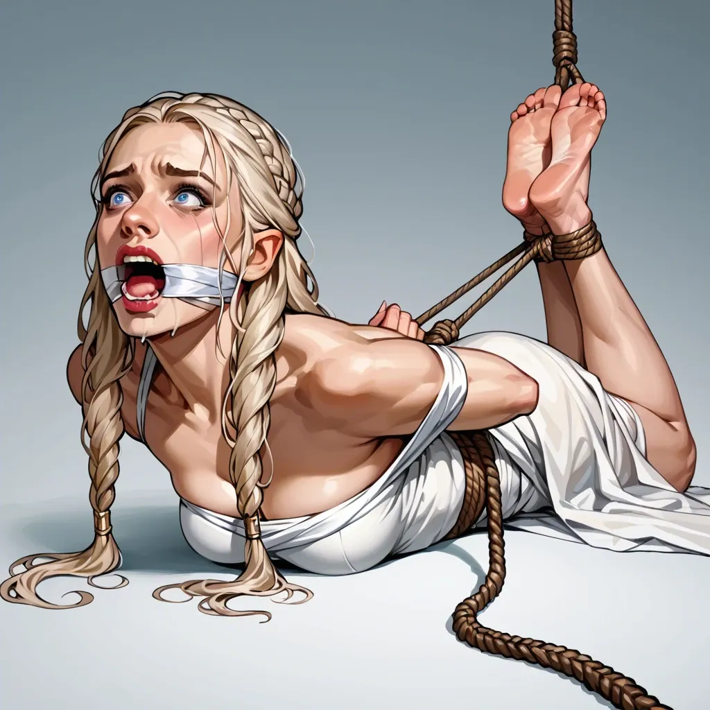 1girl, solo, Daenerys Targaryen \(Game of Thrones\), long dress, barefoot, laying on stomach, rope bondage, hogtied, hands behind back, wrap gag, shocked, ((face view))