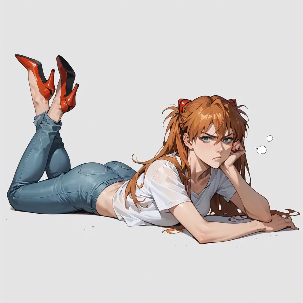 1girl, solo, Asuka Langley \(Evangelion\), shirt, jeans, heels, laying on stomach, head rests on hand, looking at viewer, feet focus, annoyed, ((straight-on))