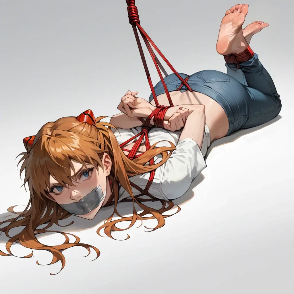 1girl, solo, Asuka Langley \(Evangelion\), white t-shirt, jeans, barefoot, laying on stomach, rope bondage, arching, hogtied, hands behind the back, tape gagged, looking at viewer, feet focus, shocked, scared, ((face view))