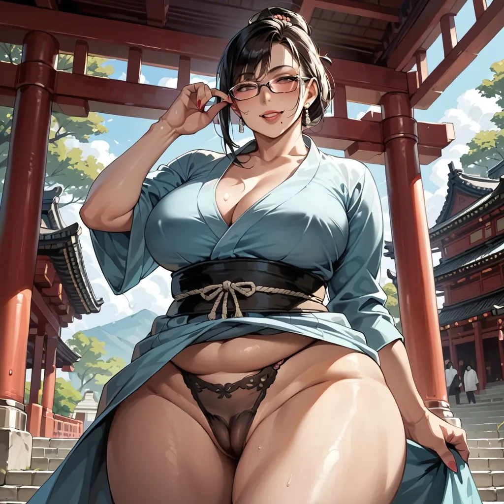 Ssbbw japanese milf in temple, dress, camel toe, naughty face, glasses