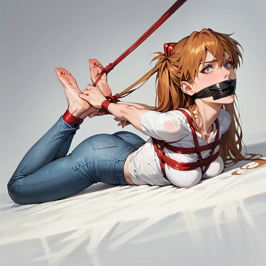 1girl, solo, Asuka Langley \(Evangelion\), white t-shirt, jeans, barefoot, laying on stomach, rope bondage, arching body, hogtied, hands behind the back, tape gagged, neck pulled, hair pulled, painful, looking at viewer, feet focus, shocked, scared, ((face view))