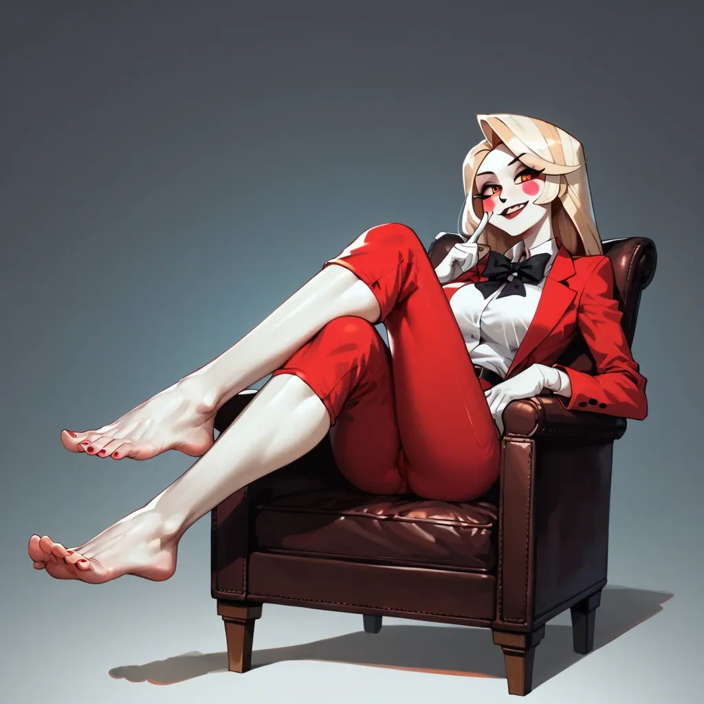 Charlie Morningstar \(Hazbin Hotel\), sitting on chair, very white skin, pale skin, red suit, red trousers, black bow, barefoot, feet focus, teasing, horny